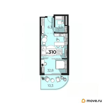 2-комн. апартаменты, 55.3 м&sup2;