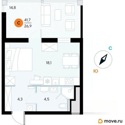 1-комн. апартаменты, 41.7 м&sup2;