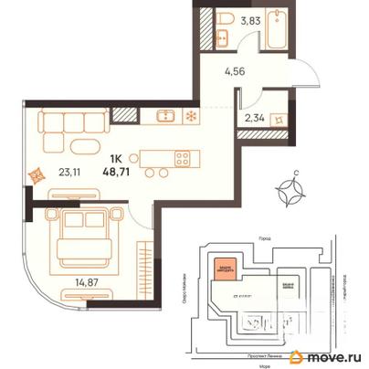 1-комн. квартира, 48.71 м&sup2;