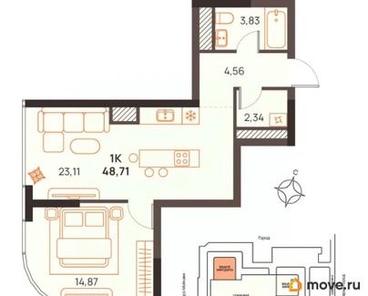 1-комн. квартира, 48.71 м&sup2;