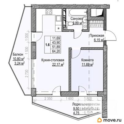 1-комн. квартира, 51.89 м&sup2;