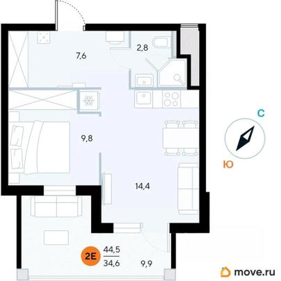 1-комн. апартаменты, 44.5 м&sup2;