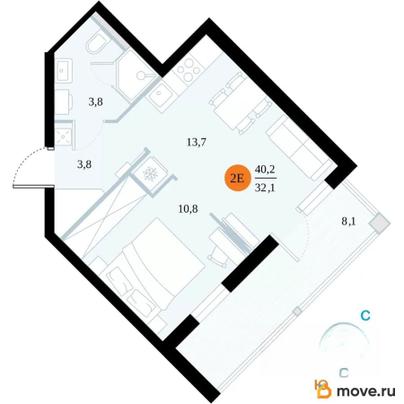 1-комн. апартаменты, 40.2 м&sup2;