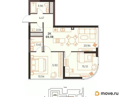 2-комн. квартира, 69.38 м&sup2;