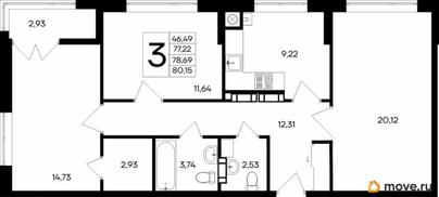 3-комн. квартира, 80.15 м&sup2;