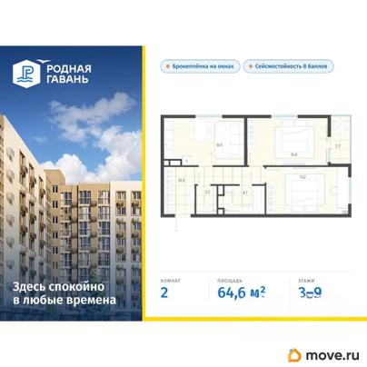 2-комн. квартира, 64.6 м&sup2;