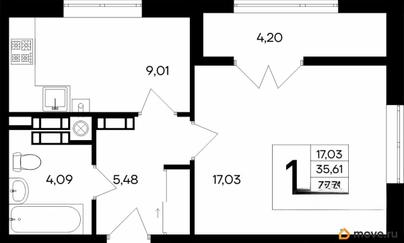 1-комн. квартира, 39.81 м&sup2;