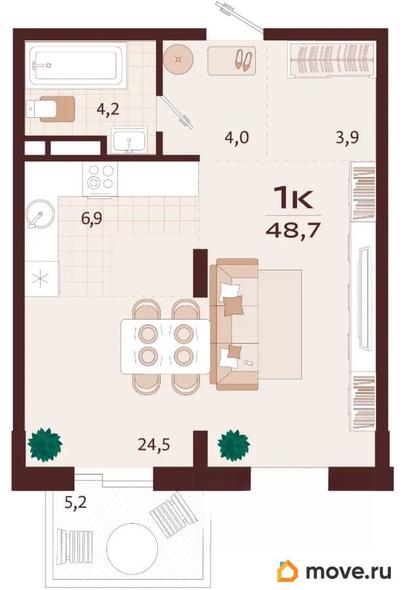 1-комн. квартира, 48.7 м&sup2;