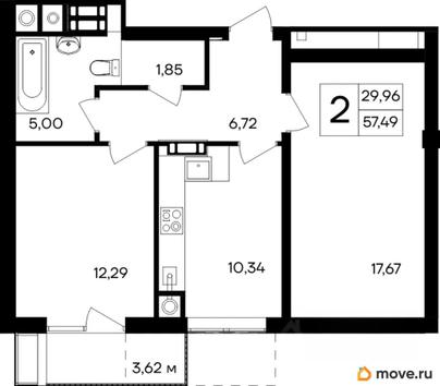 2-комн. квартира, 57.49 м&sup2;