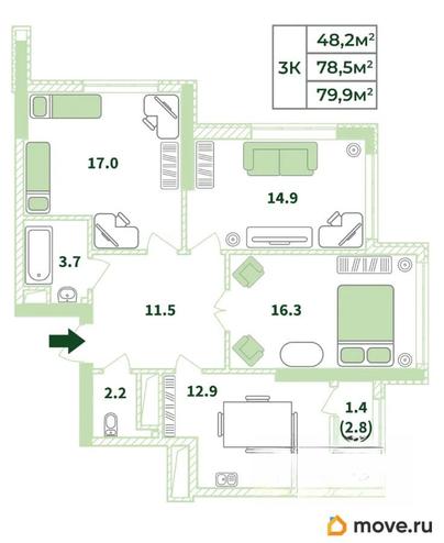 3-комн. квартира, 79.9 м&sup2;