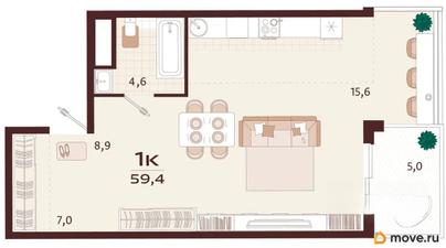 1-комн. квартира, 59.4 м&sup2;
