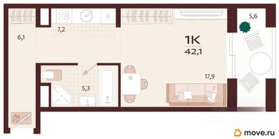 1-комн. квартира, 42.1 м&sup2;