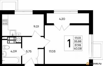 1-комн. квартира, 40.08 м&sup2;
