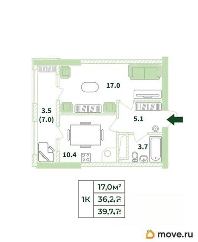1-комн. квартира, 39.7 м&sup2;