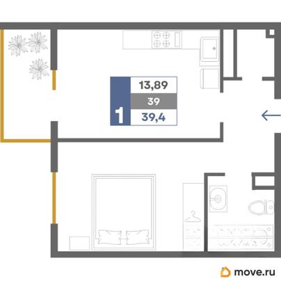 1-комн. квартира, 39.4 м&sup2;
