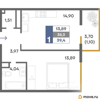 1-комн. квартира, 39.4 м&sup2;