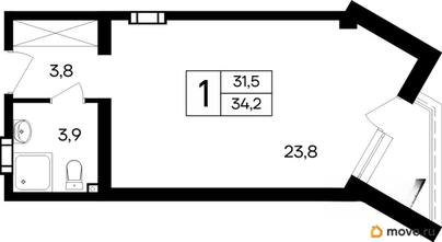 1-комн. апартаменты, 34.2 м&sup2;