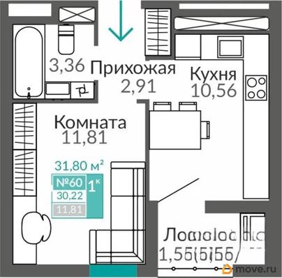 1-комн. квартира, 30.22 м&sup2;