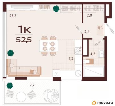 1-комн. квартира, 52.5 м&sup2;