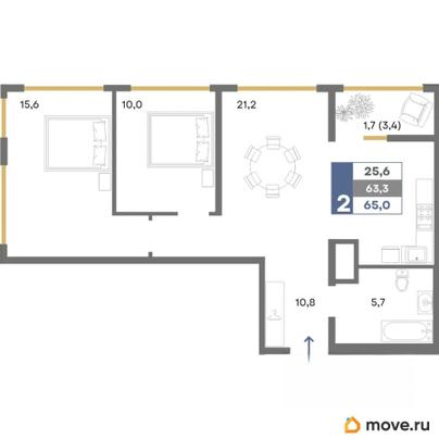 2-комн. квартира, 65 м&sup2;