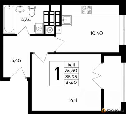 1-комн. квартира, 37.6 м&sup2;