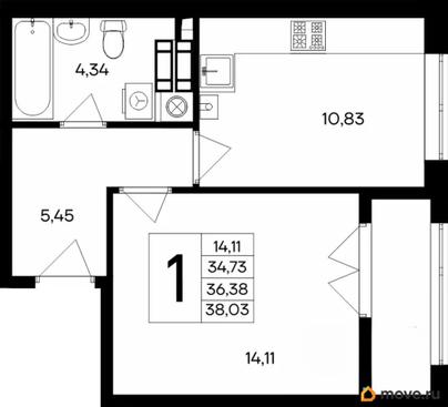 1-комн. квартира, 38.03 м&sup2;