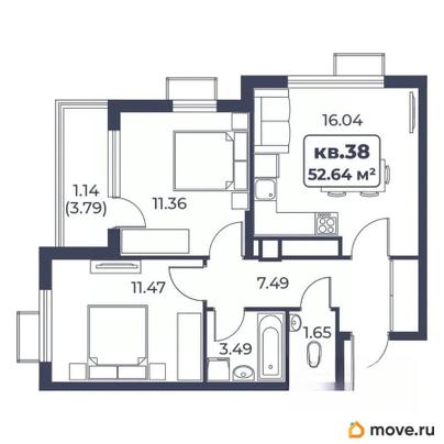2-комн. квартира, 52.64 м&sup2;