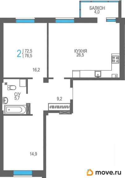 2-комн. квартира, 76.5 м&sup2;