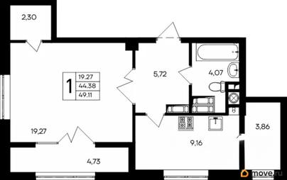 1-комн. квартира, 49.11 м&sup2;