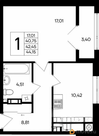 1-комн. квартира, 44.15 м&sup2;