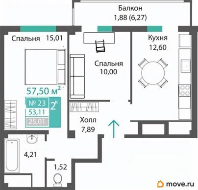 2-комн. квартира, 53.11 м&sup2;