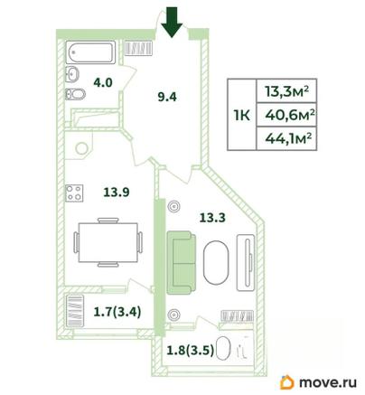 1-комн. квартира, 44.1 м&sup2;
