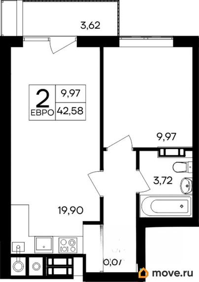 1-комн. квартира, 42.58 м&sup2;