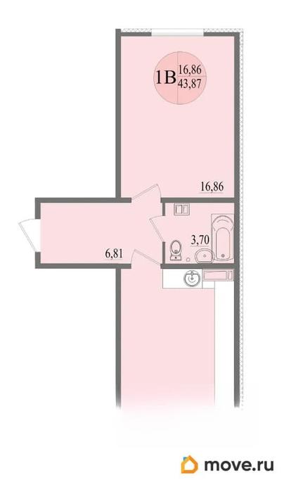 1-комн. квартира, 43.87 м&sup2;
