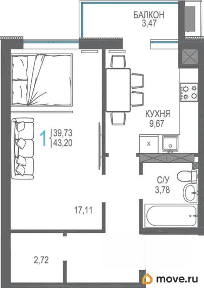 1-комн. квартира, 43.24 м&sup2;