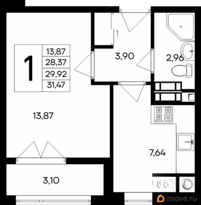 1-комн. квартира, 31.47 м&sup2;