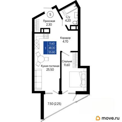 1-комн. квартира, 55.8 м&sup2;