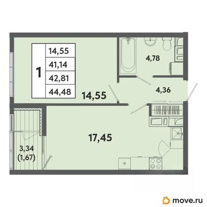 1-комн. квартира, 42.81 м&sup2;