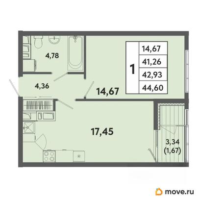 1-комн. квартира, 42.93 м&sup2;