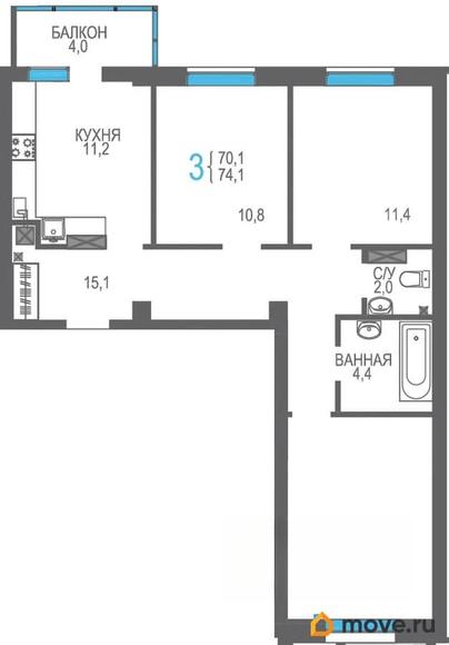3-комн. квартира, 74.1 м&sup2;