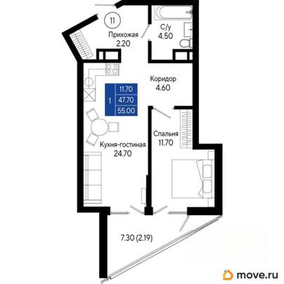 1-комн. квартира, 55 м&sup2;