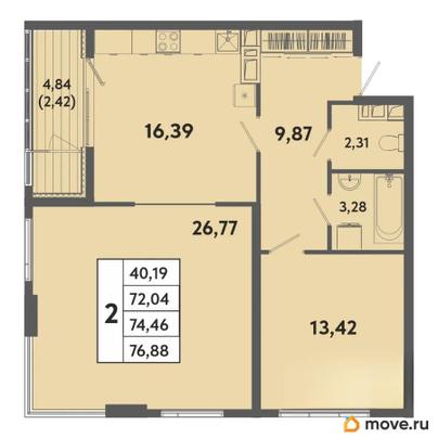 2-комн. квартира, 74.46 м&sup2;