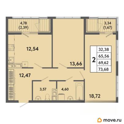 2-комн. квартира, 69.62 м&sup2;