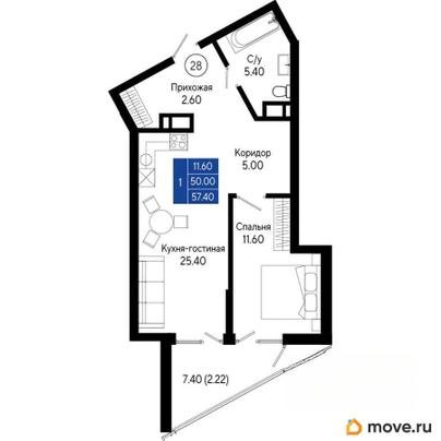 1-комн. квартира, 57.4 м&sup2;