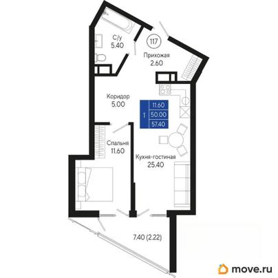 1-комн. квартира, 57.4 м&sup2;