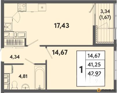 1-комн. квартира, 42.92 м&sup2;