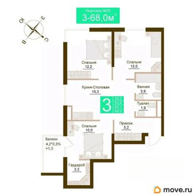 3-комн. квартира, 65.1 м&sup2;