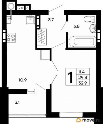 1-комн. квартира, 32.9 м&sup2;