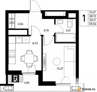 1-комн. квартира, 34.74 м&sup2;