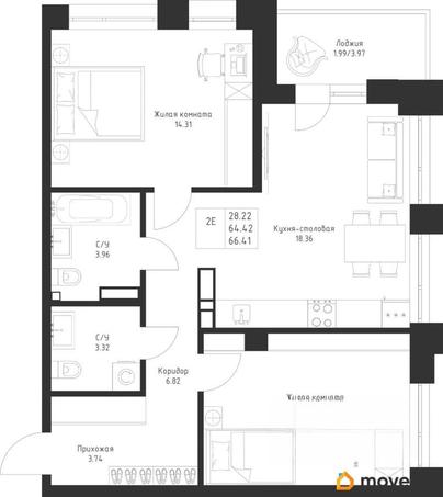 2-комн. квартира, 66.41 м&sup2;